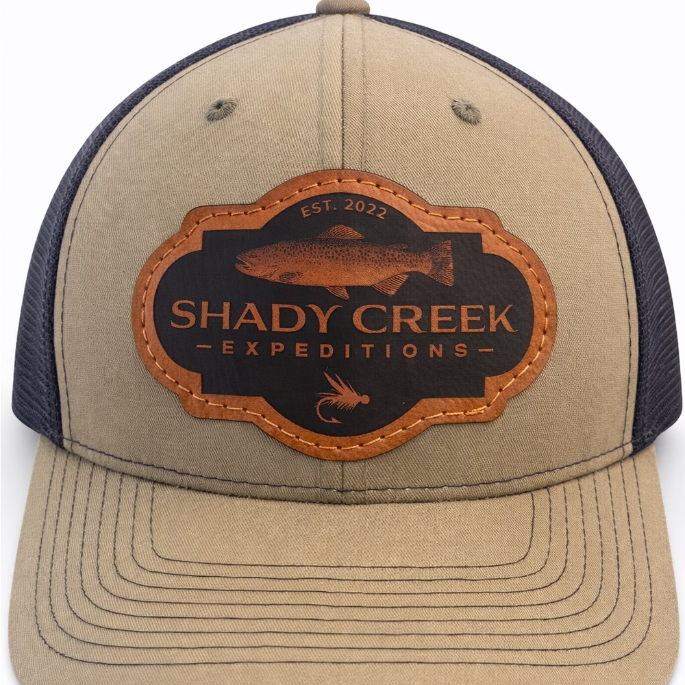 Shady Creek Expeditions Trucker Hat Khaki Black Mesh Snapback Fishing Cap